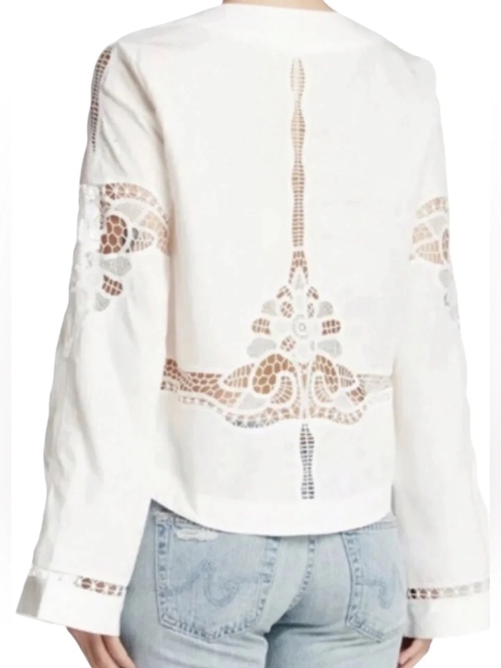 FREE PEOPLE Bittersweet Lace Up Poplin Cotton Top Blouse Crochet Lace Sz M Boho